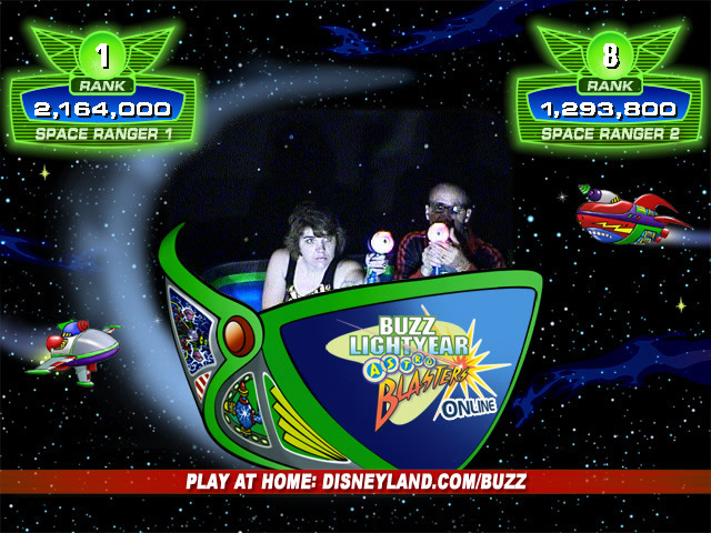 A couple is depicted shooting lasers in the Buzz Lightyear ride